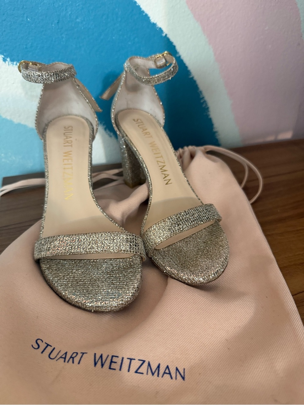 Stuart Weitzman Gold Glitter Ankle-Strap Block Heels